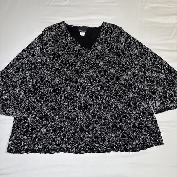 Maggie Barnes Plus Womens 2X Black White Lace Sparkle Tunic Blouse Elegant EUC - Picture 1 of 14
